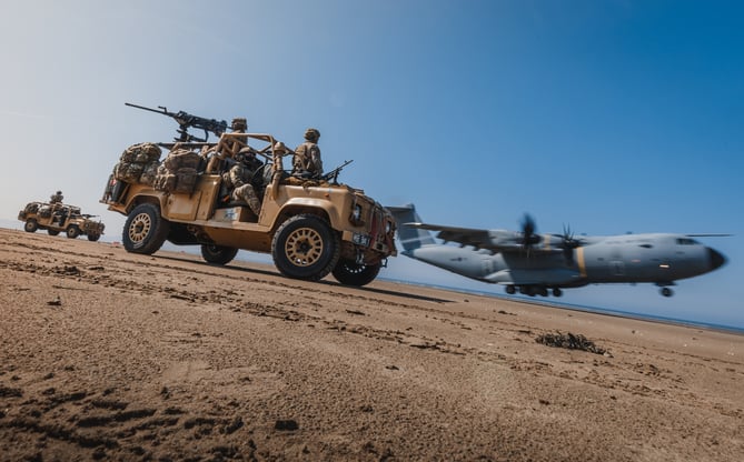 See SWNS story SWNAbeach. How's this for a day at the beach? Huge military transport planes have been spotted landing on Pembrey Sands in West Wales. The RAF Atlas A400Ms have been carrying out beach landing training at the coastal spot this week. They also practiced the insertion of so-called pathfinders, specialised soldiers dropped into place in order to set up and operate drop zones. Incredible pictures show the crews of the Brize Norton-based LXX and 30 Squadrons carrying out the objectives.