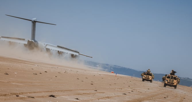 See SWNS story SWNAbeach. How's this for a day at the beach? Huge military transport planes have been spotted landing on Pembrey Sands in West Wales. The RAF Atlas A400Ms have been carrying out beach landing training at the coastal spot this week. They also practiced the insertion of so-called pathfinders, specialised soldiers dropped into place in order to set up and operate drop zones. Incredible pictures show the crews of the Brize Norton-based LXX and 30 Squadrons carrying out the objectives.