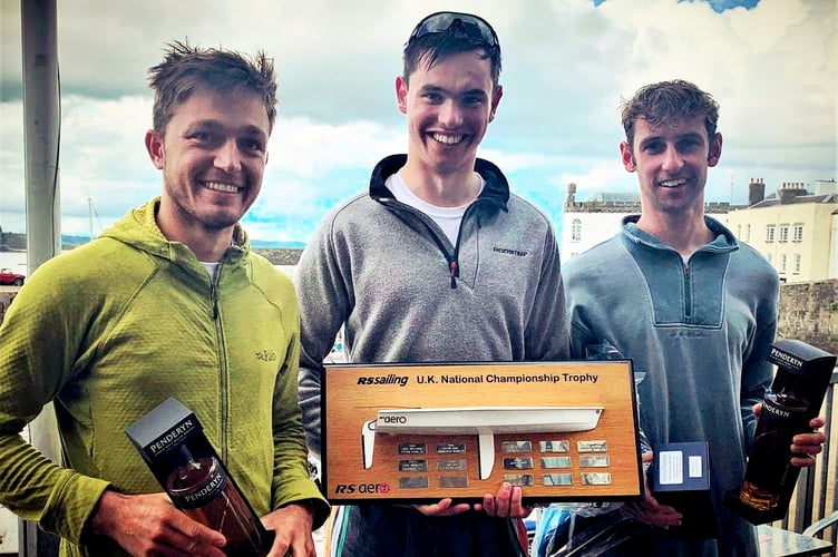 Aero National Championships Winners were Aero 5s: Tom Ahiheid, Frensham Pond, and Aero 7s: 1st Tim Hire (seen centre above), Lymington; 2nd Jack Miller (right - Felpham & Paignton); 3rd Noah Rees (left - Torpoint Mosquitoes).